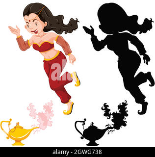 Genie girl magic lantern or aladdin lamp in color and silhouette isolated on white background Stock Vector