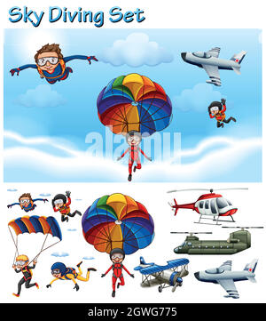Sky diving set with people and equipment Stock Vector