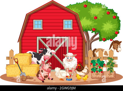 Farm scene with many farm animals illustration Stock Vector Image & Art ...