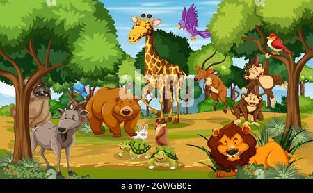 Many different animals in the forest scene Stock Vector