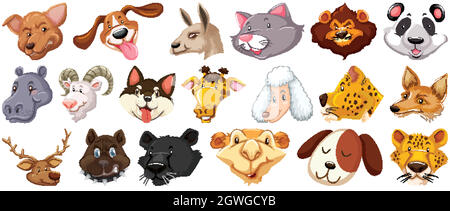 Set of different cartoon animal heads isolated Stock Vector