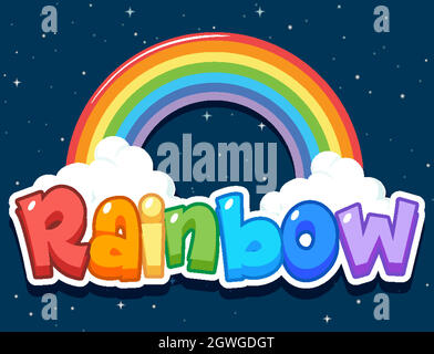 Font design for word rainbow with rainbow in the sky background Stock Vector