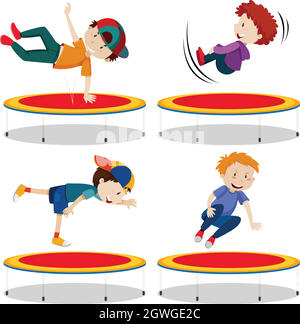 Boy jumping trampoline on white background Stock Vector