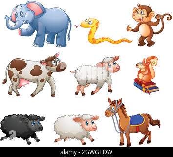 Set of different animals isolated on white background Stock Vector