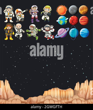 Astronaunts and different planets in universe Stock Vector