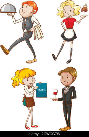 Simple sketches of the waiters and waitresses Stock Vector