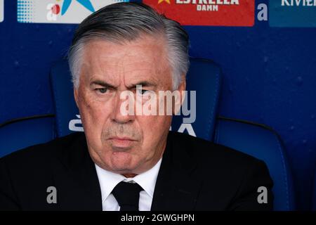 SPAIN, SOCCER, LA LIGA SANTANDER, RCDE VS REAL MADRID CF.  Real Madrid CF head coach Carlo Ancelotti during La Liga Santander match between RCD Espanyol and Real Madrid CF in RCDE Stadium, Cornellà, Spain, on October 3, 2021.  © Joan Gosa 2021. Credit: Joan Gosa Badia/Alamy Live News Stock Photo