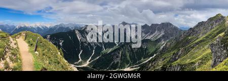 Scenic View of Mountain Panorama in Karwendel Alps in Tyrol. Panoramic View from Seefelder Spitze in Alps in Austria. Stock Photo