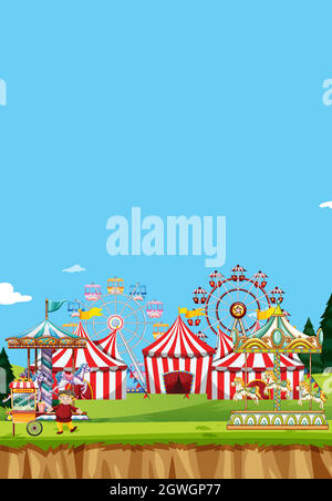 Scene with many circus rides at day time illustration Stock Vector ...