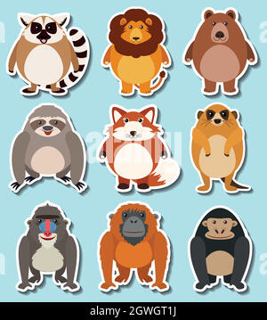 Sticker set of cartoon wild animals illustration Stock Vector Image ...