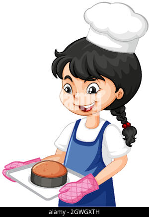 Chef girl wearing chef hat holding baking tray Stock Vector