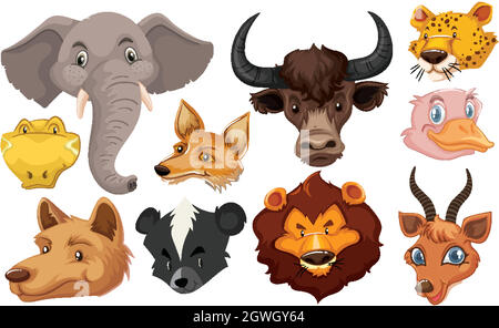 Set of animal head cartoon Stock Vector