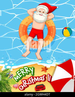 Santa Claus taking sun bath at the beach with summer element and merry christmas font Stock Vector