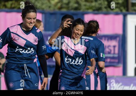London, UK. 03rd Oct, 2021. Lucy Monkman (14 Dulwich Hamlet) smiling after Dulwich Hamlet score during the Vitality Womens FA Cup 2nd round qualifying game between Dulwich Hamlet and Herne Bay at Champion Hill in London, England. Credit: SPP Sport Press Photo. /Ģ����ý Live News Stock Photo