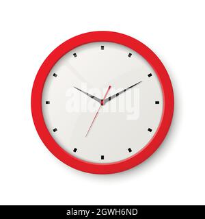 Vector 3d Realistic Red Wall Office Clock Isolated on White. White Dial. Design Template of Wall Clock Closeup. Mock-up for Branding, Advertise. Top Stock Vector