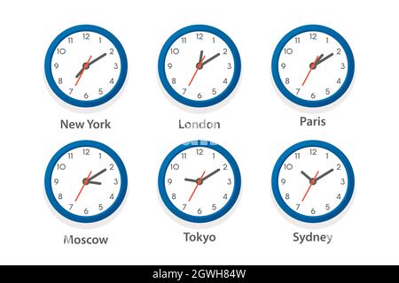 Flat Vector Wall Office Clock Icon Set. Time Zones of Different Cities, White Dial. Design Template of Wall Clock, Timezones. Closeup. Top, Front View Stock Vector