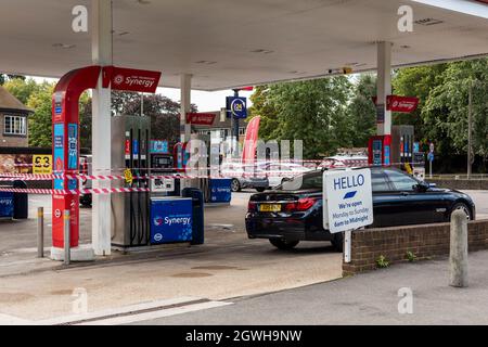 Edgware London UK, 3rd October 2021, Tesco Esso Pertrol Station, no fuel at pumps on forecourt due to fuel tank driver shortages and panic buying.