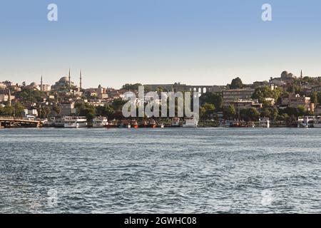 Istanbul, Turkey; May 26th 2013: View of the aqueduct from the Golden Horn. Stock Photo