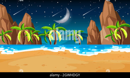 Tropical beach scene with many palm trees at night Stock Vector