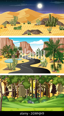 Three different nature horizontal scenes Stock Vector