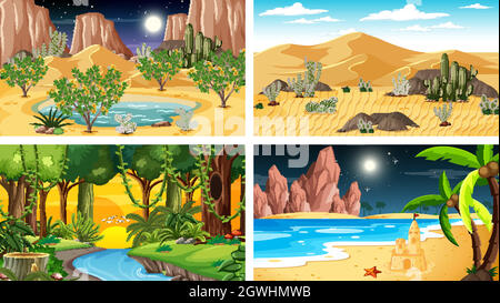 Four different nature horizontal scenes Stock Vector