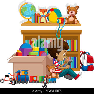 Shelf and box full of toys on white background Stock Vector