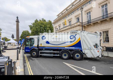 Dennis electric powered waste disposal vehicles for City of Westminster Clean Streets from Veolia on display in Pall Mall, central London Stock Photo