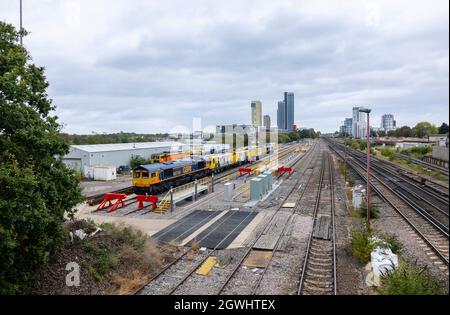 Rail freight depot with GBRf and HSM diesel engines in sidings at Woking railway station, Surrey, south-east England Stock Photo