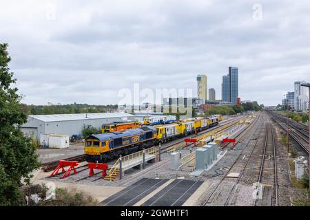 Rail freight depot with GBRf and HSM diesel engines in sidings at Woking railway station, Surrey, south-east England Stock Photo