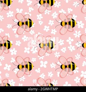 Seamless pattern with bees and flowers on color background. Small wasp. Vector illustration. Adorable cartoon character. Template design for Stock Vector