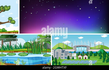 Four different scenes in nature setting cartoon style Stock Vector