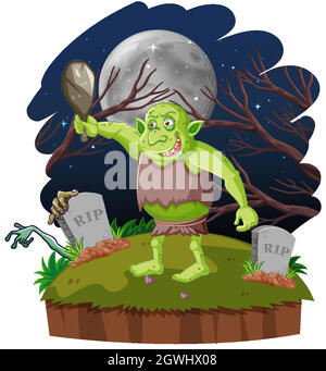 Night scene with goblin or troll cartoon character Stock Vector