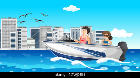 River scene with a couple on a speed boat Stock Vector