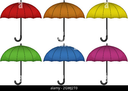 Umbrellas in six different colors on white background Stock Vector