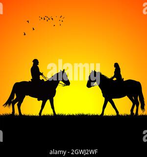 Silhouette of two riders on sunrise Stock Vector