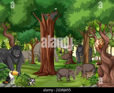 Wild animal cartoon character in the forest scene Stock Vector