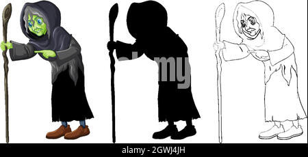 Old witch in color and outline and silhouette cartoon character isolated on white background Stock Vector
