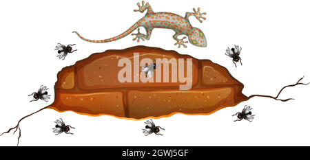 Gecko on brick wall with many fly in cartoon style Stock Vector