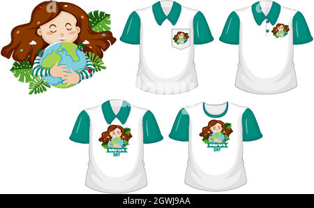 A girl hugs the earth logo and set of white shirt with green short sleeves isolated on white background Stock Vector