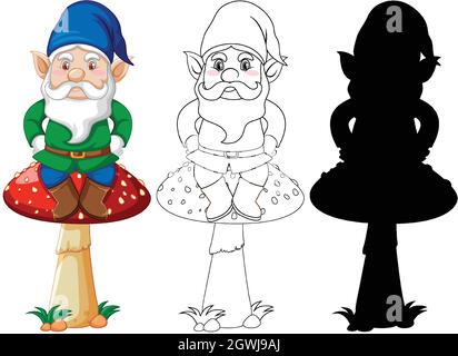 Gnome sitting on mushroom in color and outline and silhouette in cartoon character on white background Stock Vector