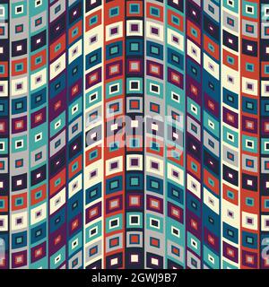 Beautiful geometric composition made of concentric squares that develop along wavy lines. 70's retro taste. Seamless repeating pattern. Vector image. Stock Vector