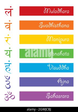 The seven bija mantras with chakras set Sanskrit colorful letterig isolated on white background. Vector colors of the chakras, symbol Hinduism, signs Stock Vector