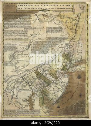 A map of Pensilvania, New-Jersey, New-York, and the three Delaware counties. Created / Published, Philadelphia 1749. Stock Photo