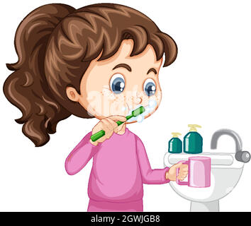 A girl cartoon character brushing teeth with water sink Stock Vector