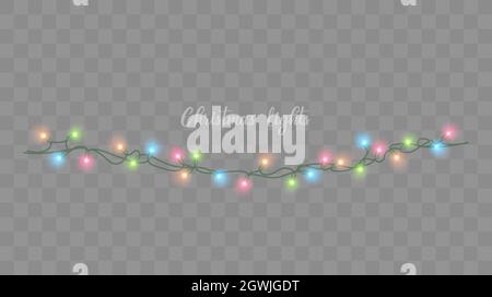 Christmas lights isolated. Colorful Xmas garland. Vector glowing light bulbs on wire strings.  Stock Vector