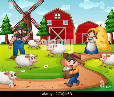 Farm with red barn and windmill scene Stock Vector Image & Art - Alamy