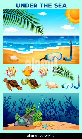 Ocean theme with beach and underwater Stock Vector