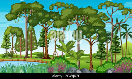 Forest scene with pond and many trees illustration Stock Vector Image ...