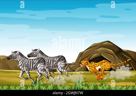 Leopard hunting zebras in cartoon character on the forest background Stock Vector