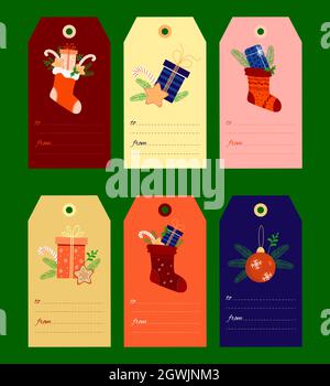 Christmas tags set. Labels with Christmas sock with gifts, Gingerbread, Christmas balls and caramel. Vector illustration Stock Vector